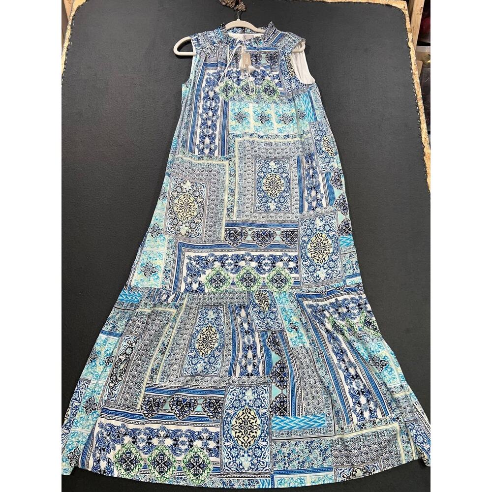 Chico’s Maxi Dress Size 1 Boho Geometric Tile Print Peasant Costal Beach A009018 - Picture 3 of 12